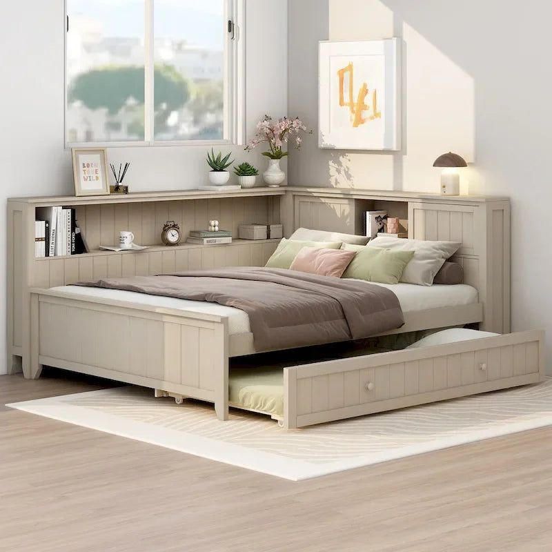 Full Size Wood Daybed with Trundle & Storage Shelves - Convertible Sleeper Sofa Alternative - Great for Small Spaces