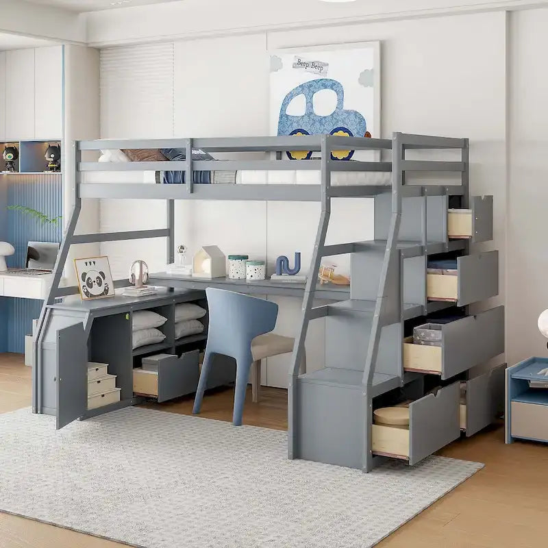 Full Size Loft Bed with Drawers and Desk