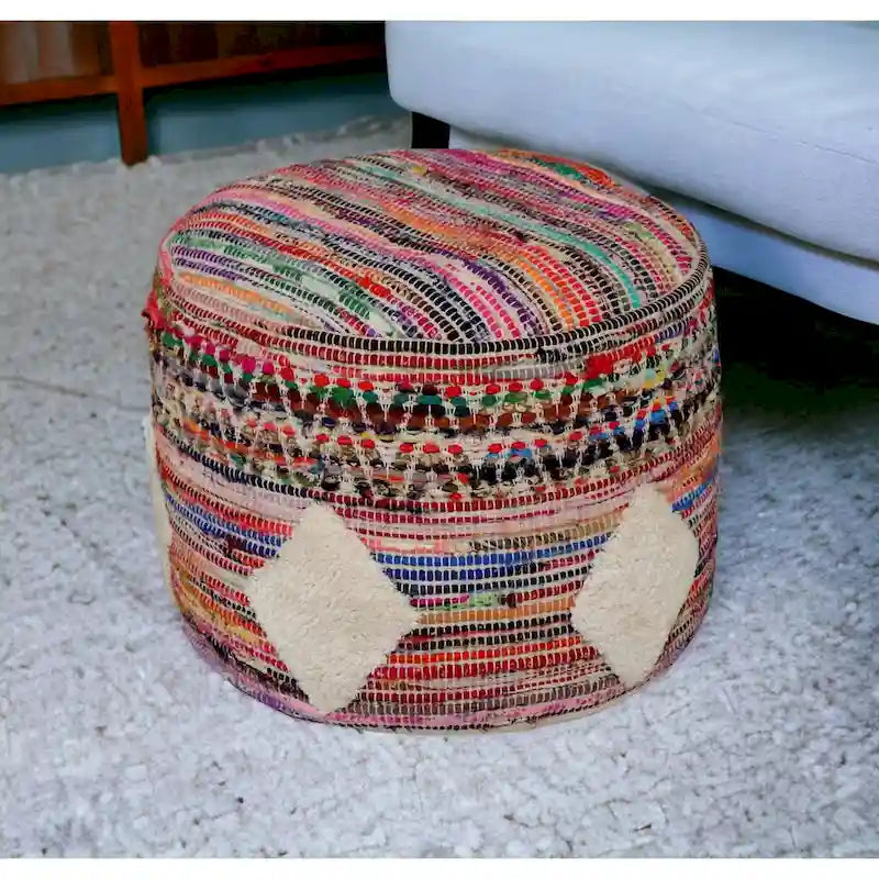 18 Inch Rainbow Cylinder Pouf Ottoman Geometric Design for Living Room