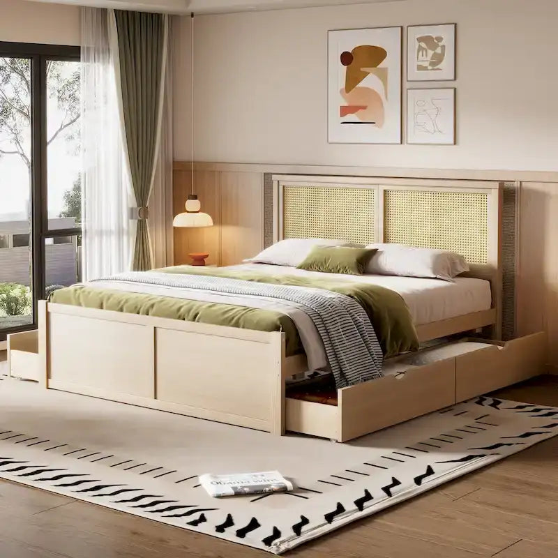 Wood Storage Platform Bed with 4 Drawers & Rattan Headboard
