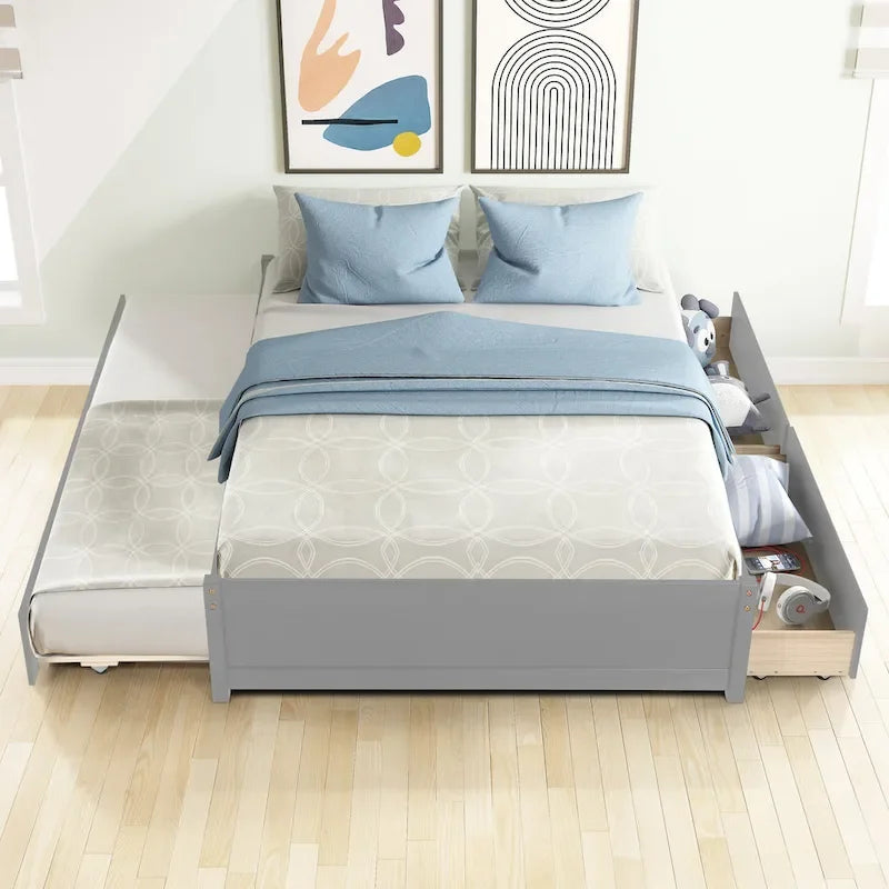 Full Solid Wood Platform Bed with Twin Trundle