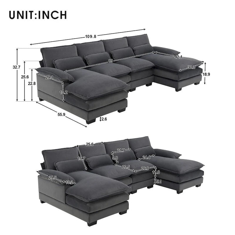 Modern U-shaped Sectional Sofa with Waist PillowsSleeper Sofa Couch with Chaise Lounge