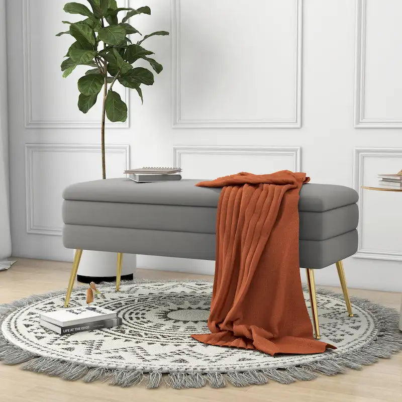 Velvet Storage Ottoman Bench with Metal Legs