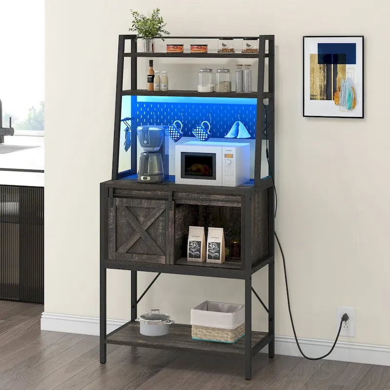 Moasis 5 Tier Kitchen LED Bakers Rack with Sliding Storage and Shelves Bar Table with Power Outlet