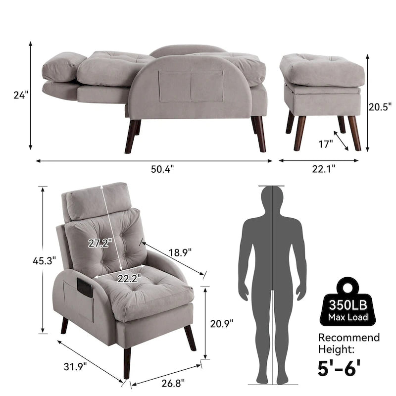 HOMYKA Upholstered Chaise Lounge Chair with Adjustable Backrest Storage Ottoman