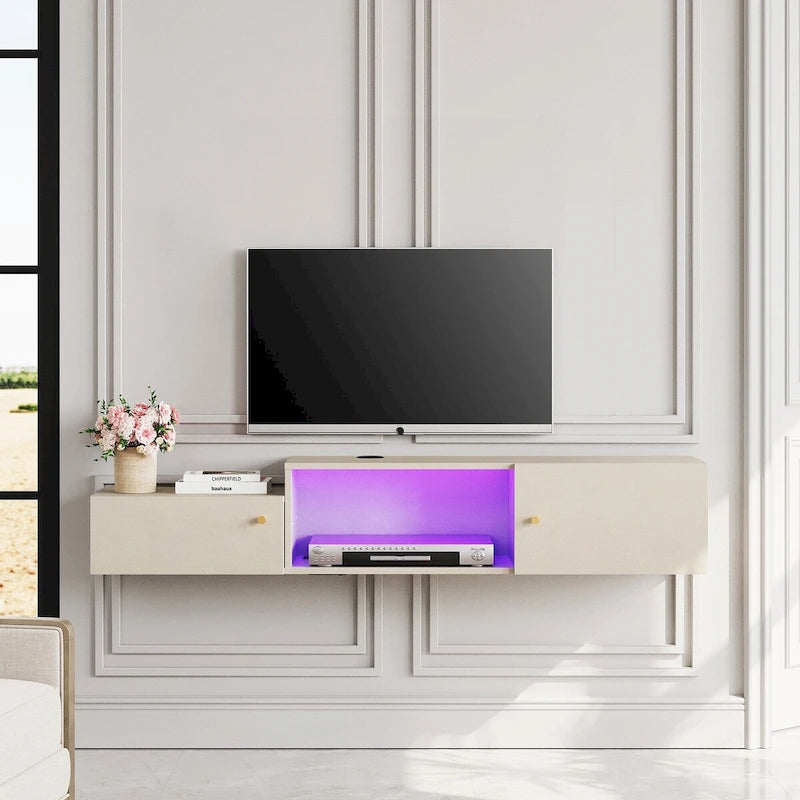 Floating LED Light TV Stand with Charging Station,
