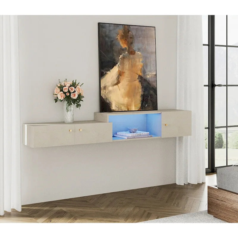 Floating LED Light TV Stand with Charging Station,