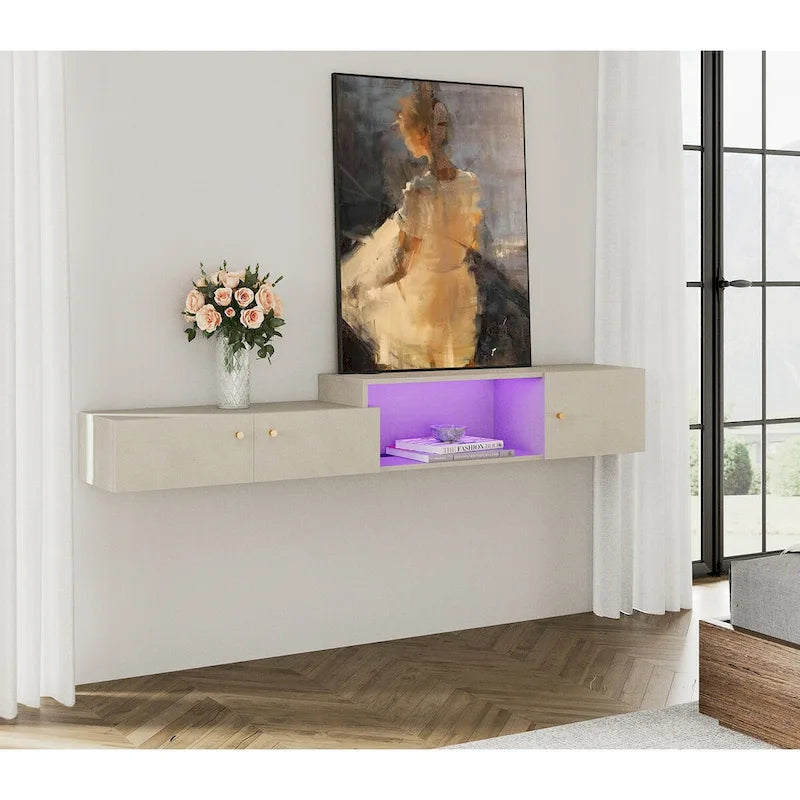 Floating LED Light TV Stand with Charging Station,