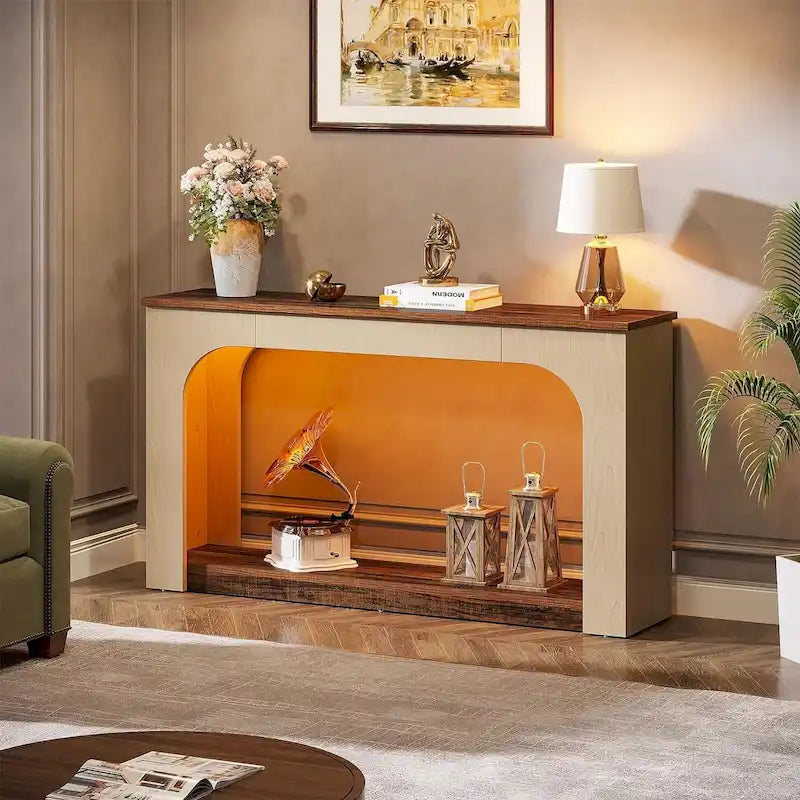 55 Inches Console Sofa Table Wood Entryway Table with LED Lights
