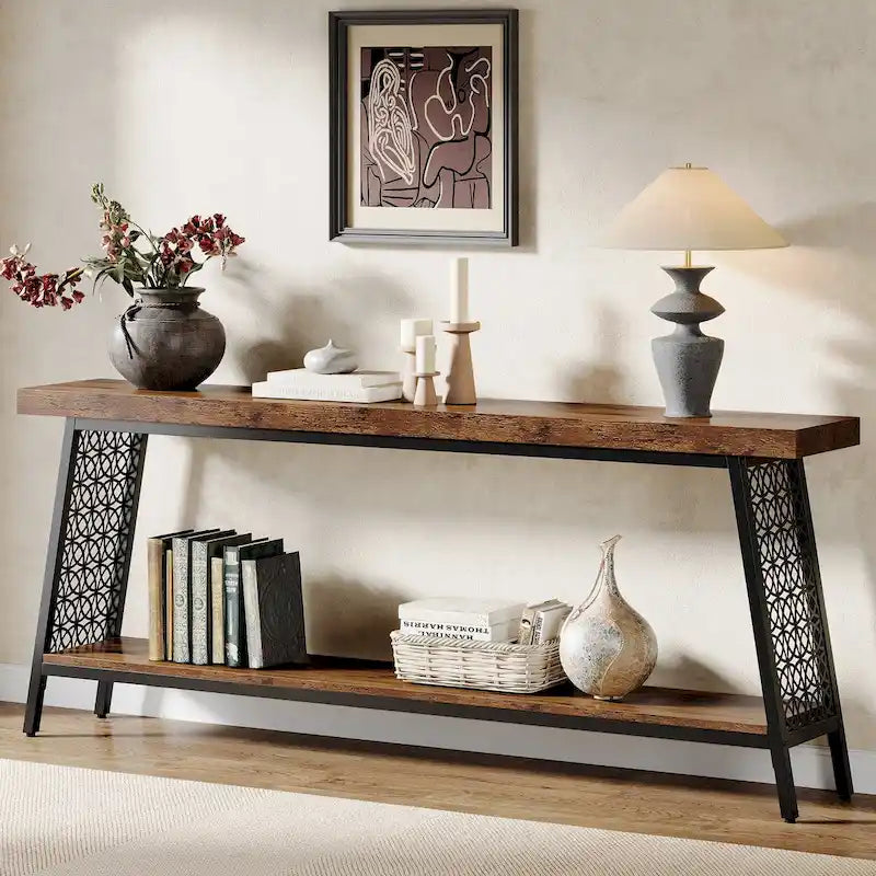 70.9 Console Table, 2-Tier Extra Long Sofa Table, Industrial Entryway Table