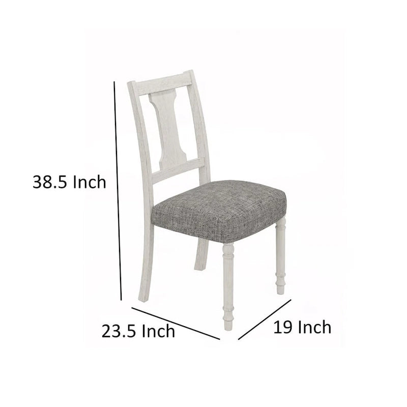 Sane 19 Inch Dining Side Chair Set of 2, Fiddleback, White Wood, Gray Linen